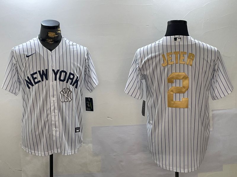 Men New York Yankees 2 Jeter White Stripe Fashion Nike 2024 MLB Jersey style 4